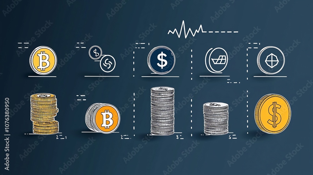 Fototapete comprehensive set of outline icons representing various coin currency and financial concepts and sym