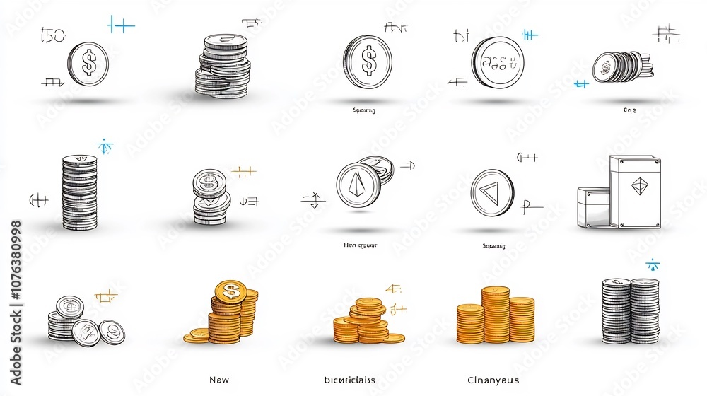 Aufkleber minimalist coin icon set of 15 outlines featuring symbols for coin stacks coin flips and treasure co