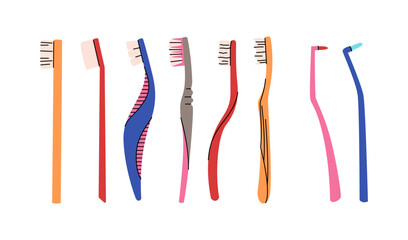 Toothbrush vector set. Dentistry concept, oral care. Different toothbrushes designs. Teeth cleaning accessories. Colorful vector set isolated on a white background