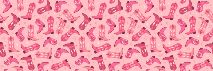 Cowgirl pink boots set, seamless pattern. Flat hand drawn vector illustration. Cowboy Western and Wild West concept
