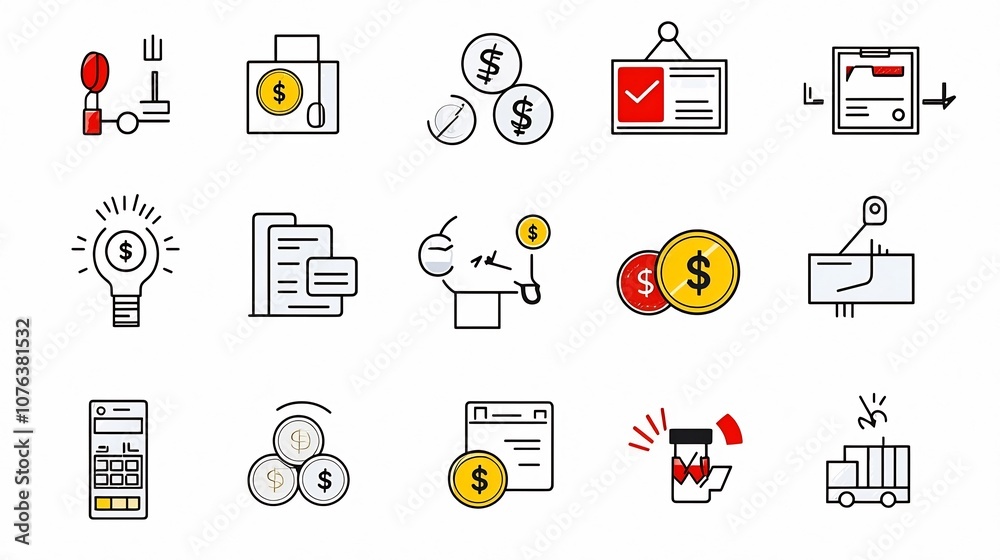 Aufkleber Set of 15 detailed linear icons illustrating various coin related activities such as transactions savings and coin counting showcasing a simple yet comprehensive