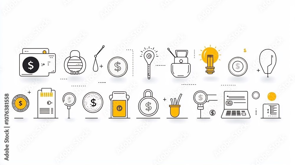 Leinwandbilder Set of 15 linear icons illustrating various coin related financial activities and transactions including symbols for transactions savings and coin counting presented in a simple style
