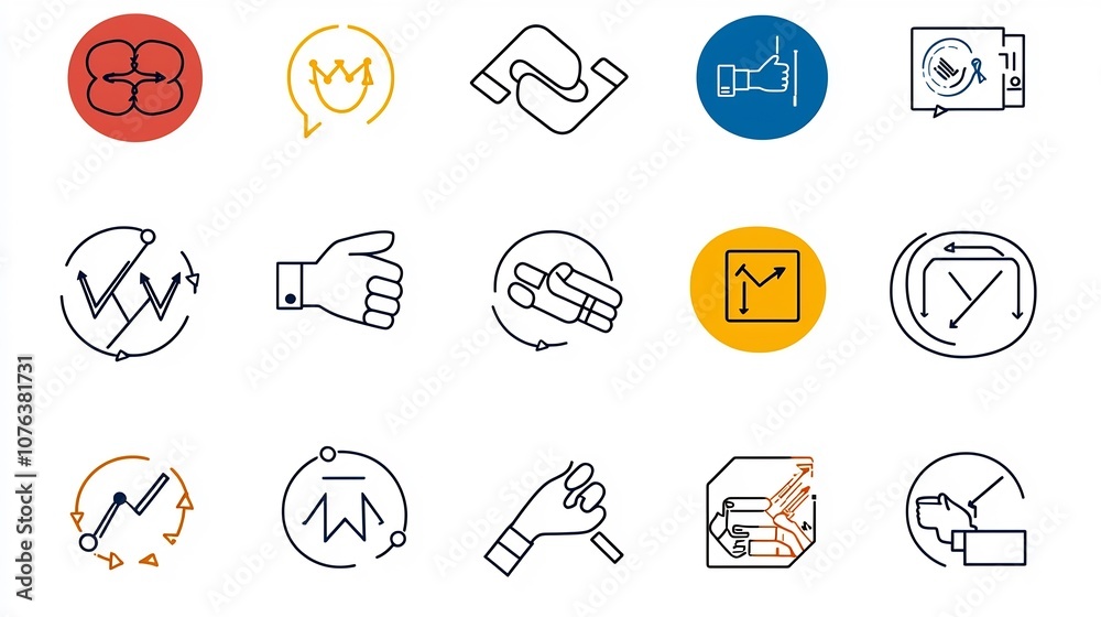 Poster Set of 15 team related outline style icons featuring handshakes group discussions and collaborative teamwork elements for business corporate and professional concepts