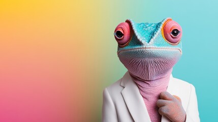 Frog wearing a suit and tie is the main focus of the image. The frog is wearing a white jacket and a tie, giving it a professional appearance. The background features a colorful