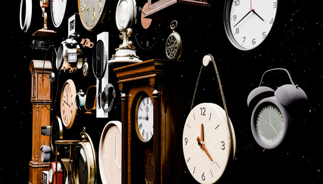 Variety of clocks hanging on black background