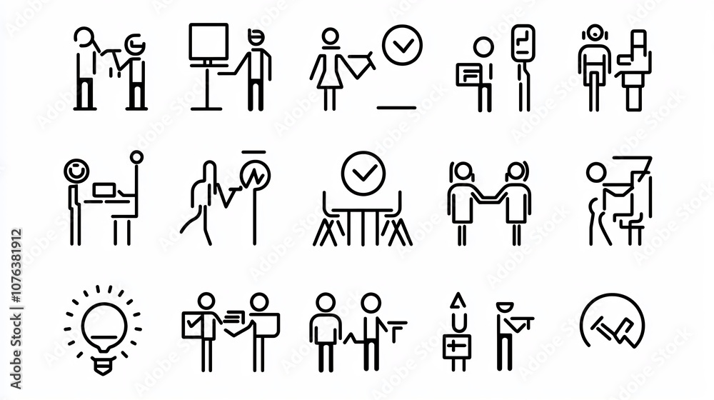 Aufkleber Minimalist outline icon set depicting various aspects of teamwork leadership and synergy within a business or organizational setting  The set includes symbols representing team alignment