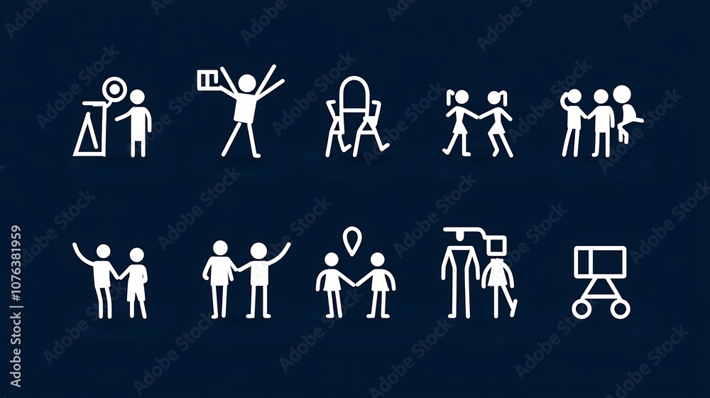 Poster collection of 15 minimal outline style icons focusing on team spirit mutual assistance and shared ac