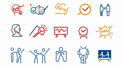 Fototapeta premium A collection of 15 minimalist icons in an outline style focusing on the themes of team spirit mutual assistance and shared accomplishments in a professional business environment