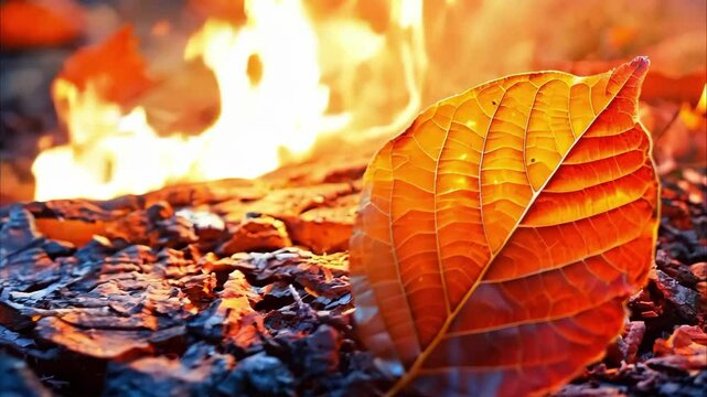 A vibrant orange leaf rests on dark, charred ground with flames flickering in the background, creating a contrasting scene.