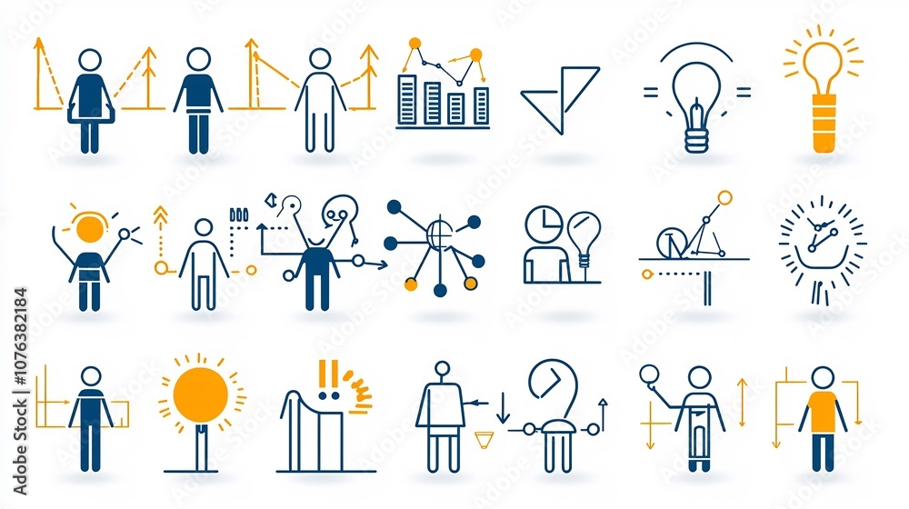 Leinwandbilder Set of 15 linear icons illustrating key teamwork principles and group success strategies including symbols for planning and organizational leadership