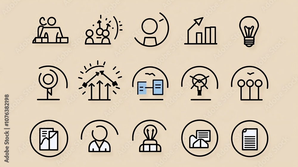 Aufkleber Set of 15 linear icons illustrating key teamwork principles and strategic planning concepts including symbols for group success unity coordination and efficient workflow