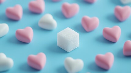 Fototapeta premium Single sugar cube is surrounded by pink and white candy hearts on a vibrant blue surface, representing the concept of sugar and its connection to love, health, and dietary choices