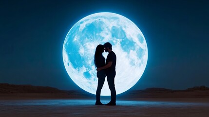 Couple is kissing in front of a large blue moon. Concept of romance and intimacy, as the couple is captured in a moment of love and affection. The moon serves as a beautiful and romantic backdrop