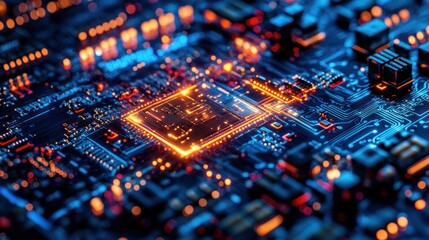 Fototapeta premium Illuminated Microchip Circuit Board with Glowing Orange Lines