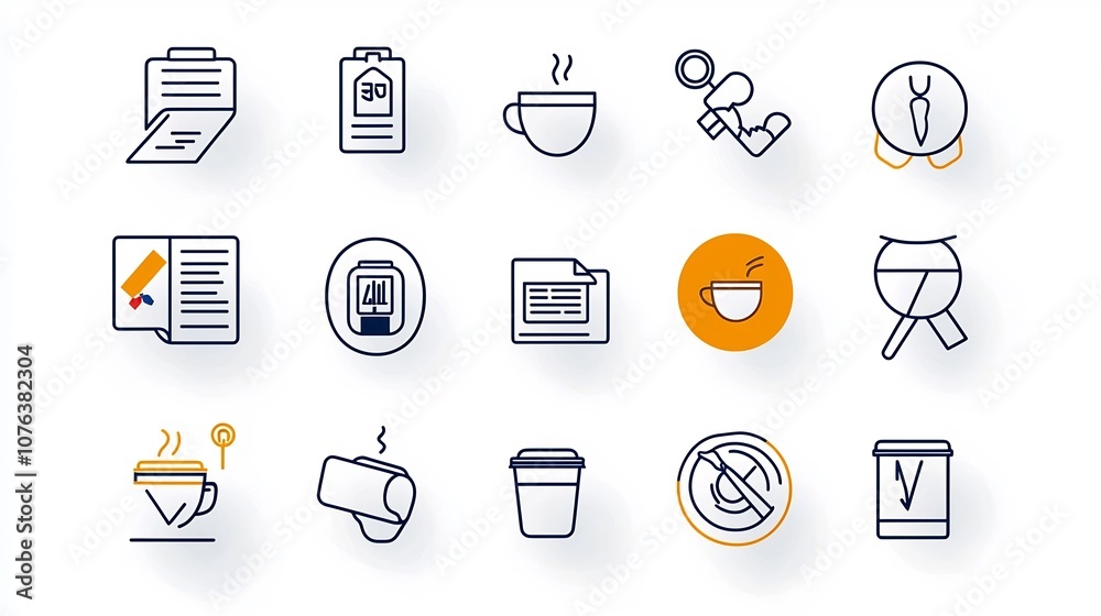 Fototapete set of 15 minimalist outline icons representing the workaholic lifestyle including symbols for overt