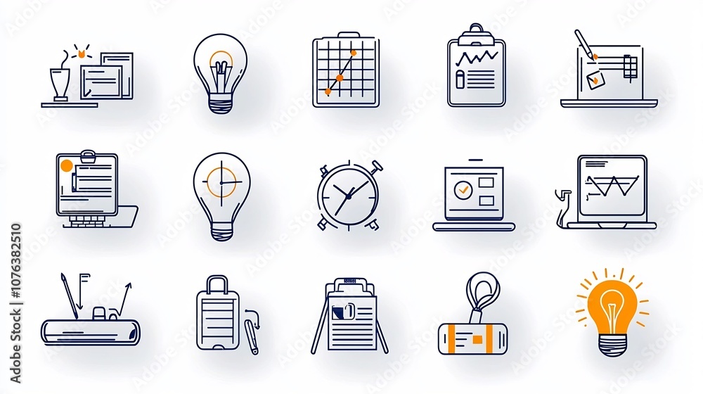 Poster Set of 15 workaholic inspired outline style icons featuring late night work productivity tracking and caffeine addiction for business career and time management concepts