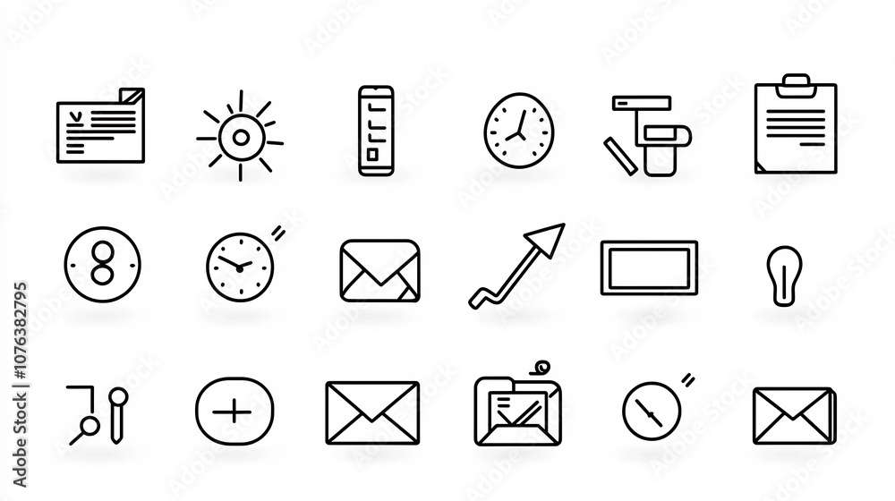 Aufkleber Collection of 15 outline style icons representing the workaholic life focusing on challenges such as missed deadlines tired eyes and an overflowing inbox  Minimal design for business office