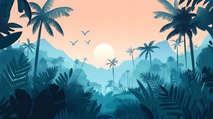 Tropical Sunset With Palm Trees. Minimalist Flat Art.