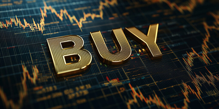 Scritta BUY (Compra) su sfondo con grafici di azioni o investimenti.