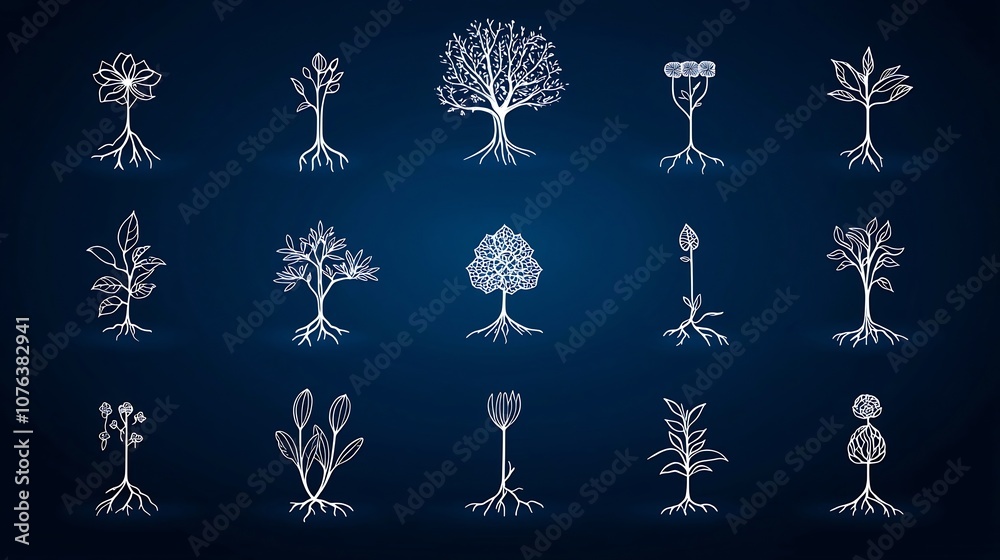 Leinwandbilder comprehensive collection of 15 linear icons highlighting the intricate botanical elements such as fl