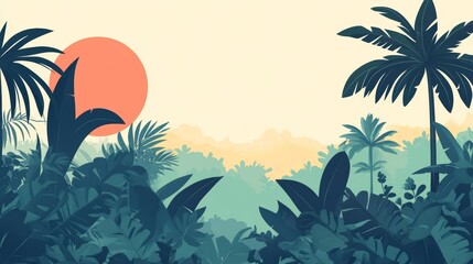 Tropical Sunset Landscape With Silhouette Palm Trees. Minimalist Flat Art.