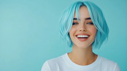 Fototapeta premium Woman with blue hair is smiling and wearing a white shirt. Concept of happiness and positivity
