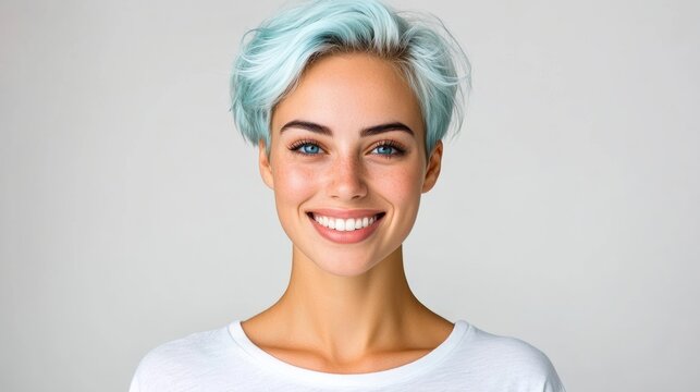 Woman with blue hair and a white shirt is smiling. She has a bright, happy expression on her face