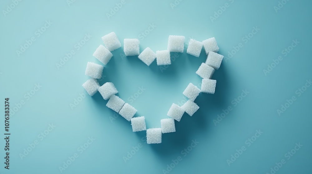 Poster white sugar cubes arranged in the shape of a heart on a light blue background, symbolizing the dange