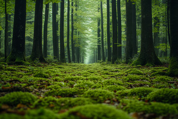 Fototapeta premium Dense Forest with Sunlit Glades and Tall Trees, Peaceful Natural Atmosphere
