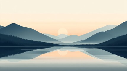 Serene Mountain Lake at Sunset. Minimalist Flat Art.