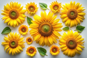 Obraz premium Stunning Drone Photography of Isolated Sunflower Flowers on White Background for Floral Art, Wall Decor, and Nature Lovers â€“ Vibrant Yellow Petals, Natural Beauty, Perfect for Stock Images