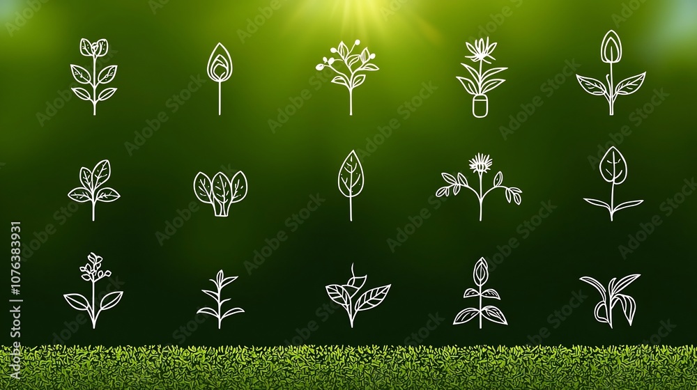 Poster collection of 15 minimalist outline style botany icons highlighting natural elements like buds petal