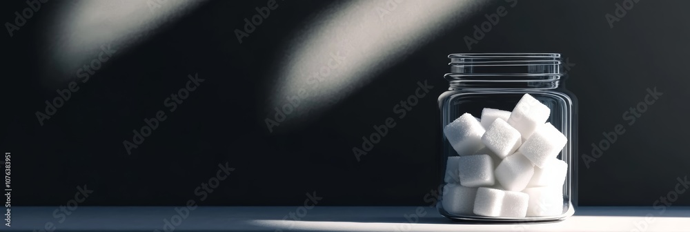 Poster sugar cubes contained in a glass jar represent the concept of reducing sugar intake and embracing a 