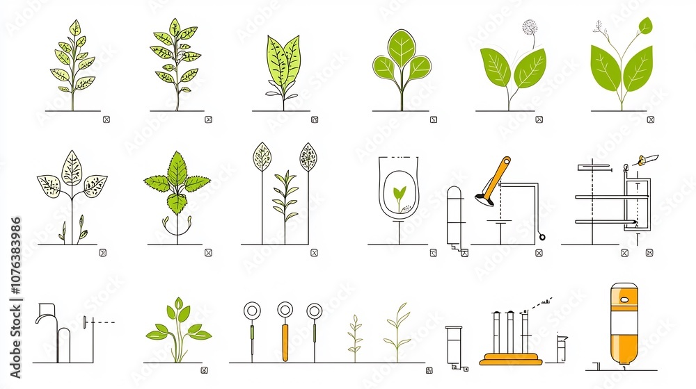 Poster Set of 15 minimalist thin line icons representing various elements of botany botanical research and garden cultivation including plant anatomy growth and gardening tools in a simple clean style