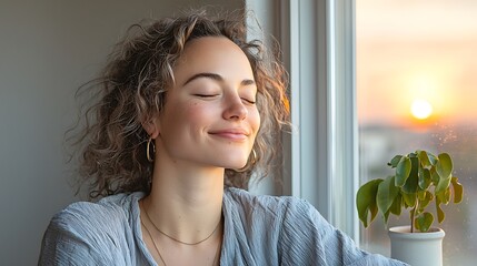 The woman sat peacefully by the window, bathed in the warm golden light of the setting sun, a gentle smile playing on her lips as she closed her eyes and breathed in the tranquility surrounding her.