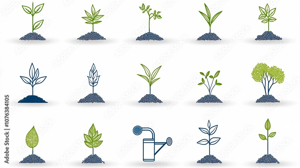 Leinwandbilder outline icon set of 15 symbols representing various aspects of plant growth and care including water