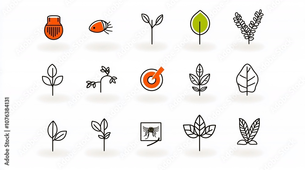 Poster Set of 15 minimalist linear icons illustrating various botany concepts including symbols for ecosystem pollination and leaf patterns in a simple format