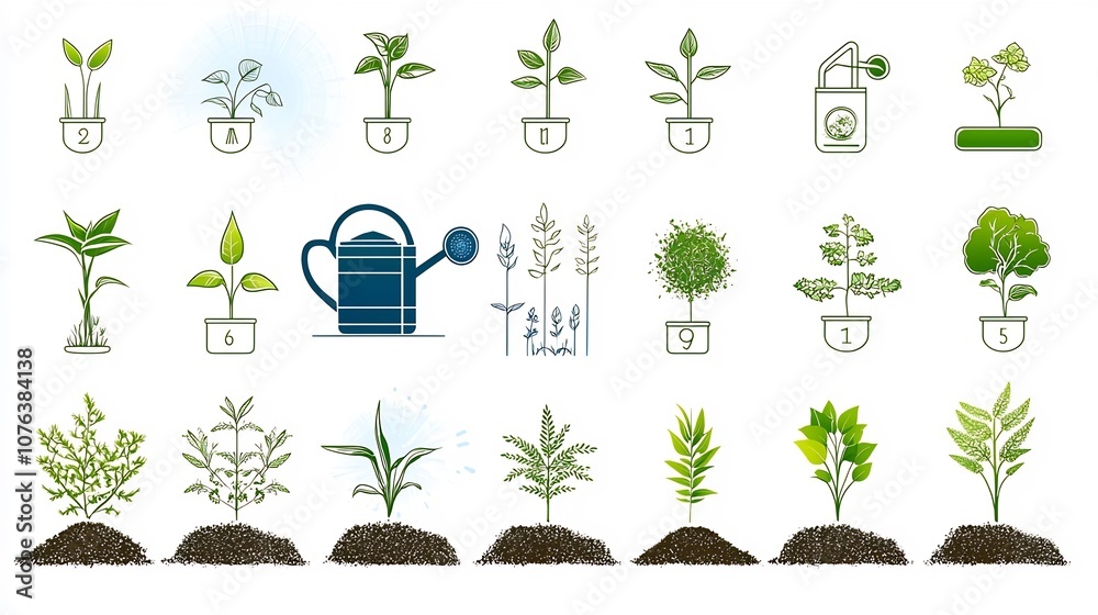 Poster set of 15 outline icons depicting various plant growth and care elements such as watering can soil l