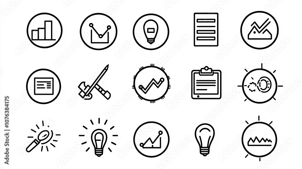 Aufkleber comprehensive corporate icon set featuring 15 minimalist outlines that symbolize key aspects of proj