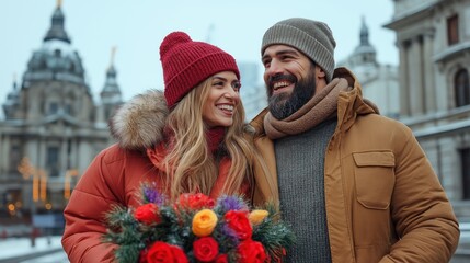 Obraz premium couple smiles at each other while bundled in warm clothing, enjoying a winter day in an urban setting, surrounded by historical buildings and light snow