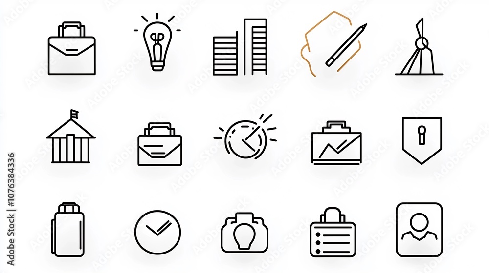 Poster set of 15 clean and modern outline icons representing corporate essentials like briefcase office bui