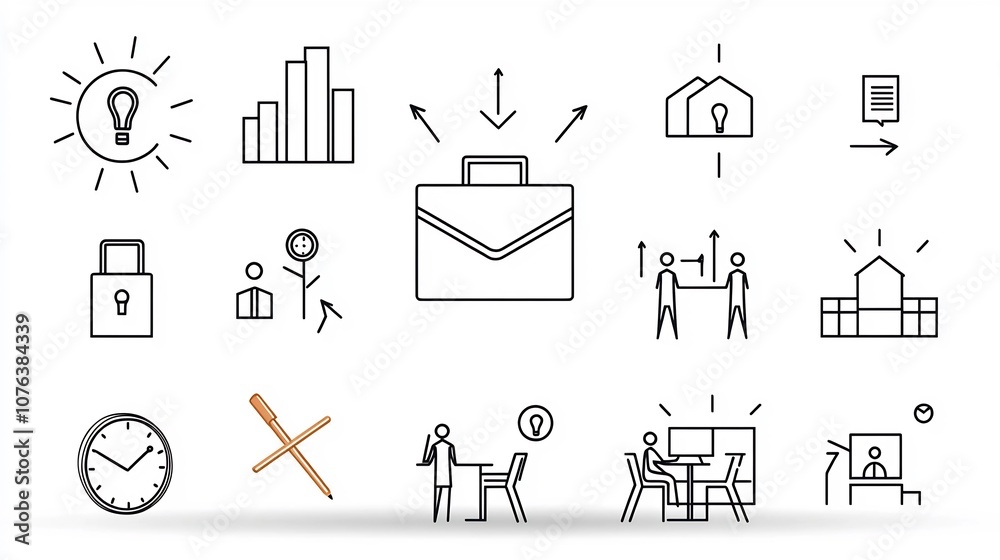 Poster set of 15 minimalist outline icons representing essential corporate elements such as a briefcase off