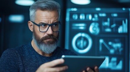 middle-aged man with a beard and glasses analyzes information displayed on a tablet, surrounded by digital graphs and charts in a modern workspace