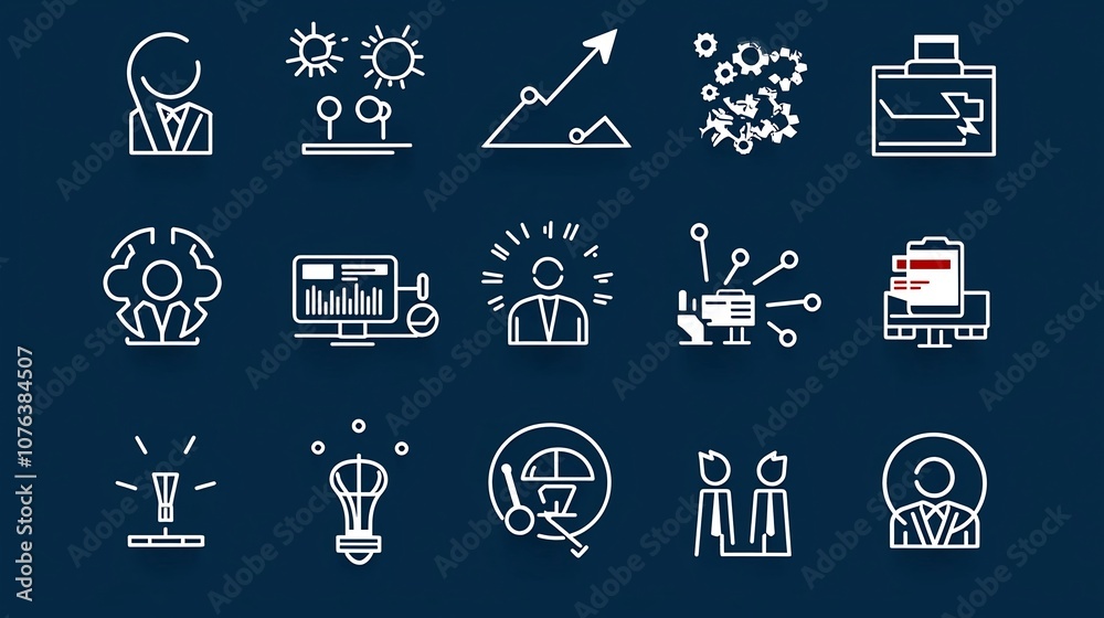 Aufkleber collection of 15 linear icons representing the business and corporate environment including symbols 