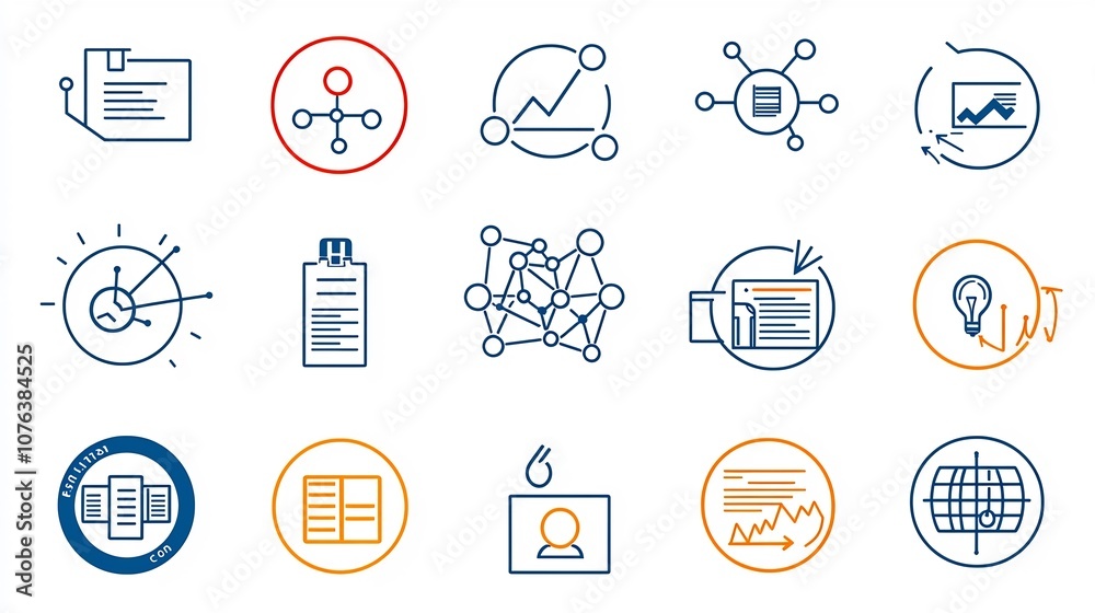 Poster Corporate Outline Icon Set of 15 Business Management and Networking Symbols in Style with Editable Stroke  Includes icons for company structure document management and networking concepts in a modern