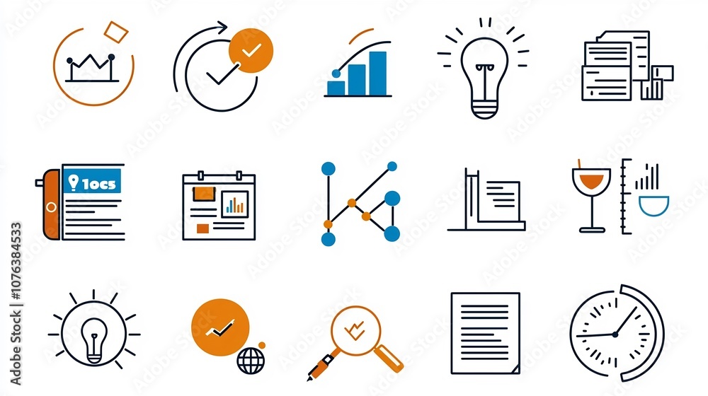 Poster Set of 15 clean and minimalist linear icons representing various elements of the business and corporate environment including symbols for leadership teamwork and professional presentation