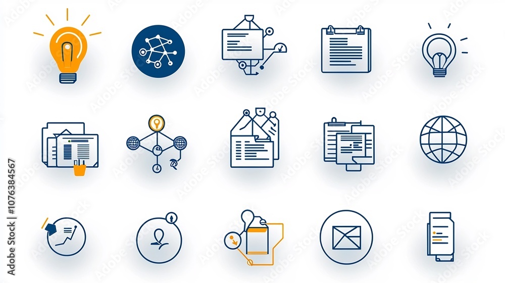 Aufkleber Outline icon set featuring 15 corporate symbols including company structure document management and networking elements in style with editable stroke  Ideal for business technology software