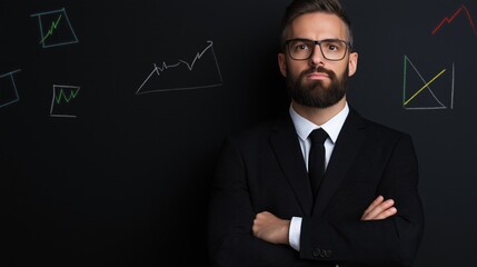 confident businessman with glasses stands with his arms crossed, conveying assurance. Behind him, a blackboard displays various financial graphs illustrating upward trends