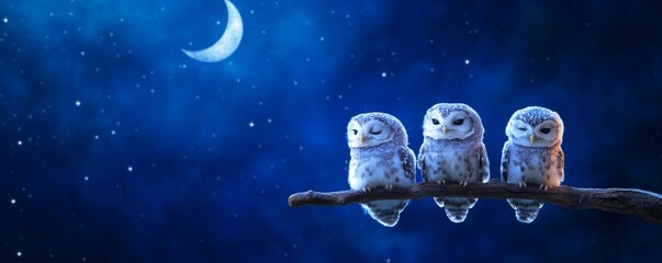 Fototapeta premium Dreamy Night Owls: Adorable Owls Sitting on Branch with Stars and Moon in Pastel Colors - Cute and Whimsical Nocturnal Scene