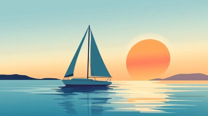 Fototapeta premium Sailboat at Sunset. Minimalist Flat Art.